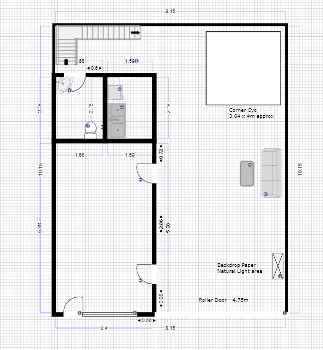 Technical floorplan of Brilliant White studios layout showing position and size of corner cyclorama, paper backdrop rolls, kitchenette, bathroom and Brisbane Camera Hire office.